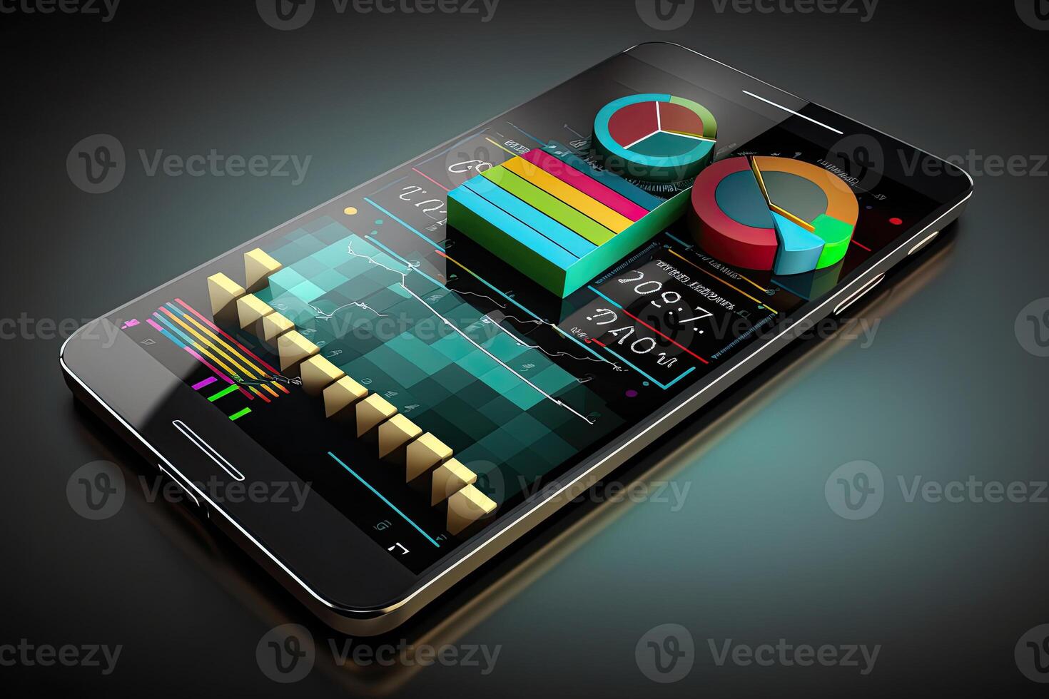 Big data analytics report. Online business analytics infographic with diagrams and charts. Investing, trading and finance management instruments. Created with photo
