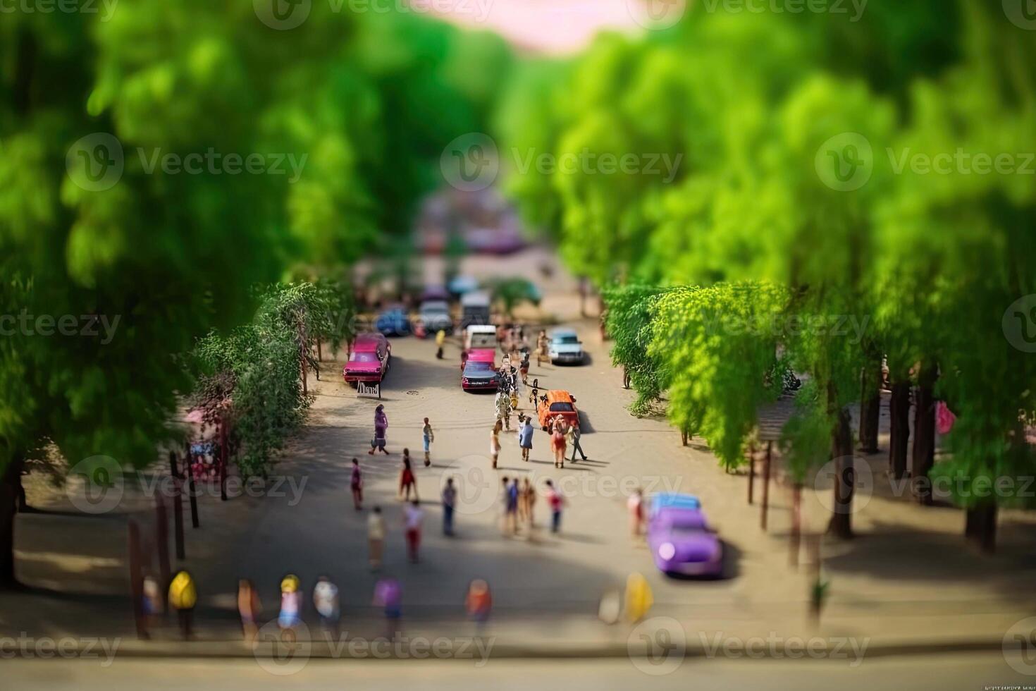 People walking at park with green trees in city. Model of city street in miniature, tilt shift. Created with photo