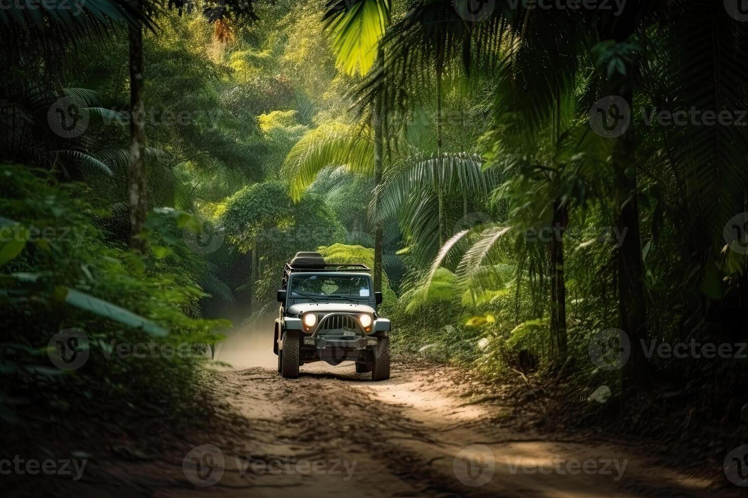 Four wheel drive SUV is driving on muddy road in jungle. Jeep on safari. Created with photo