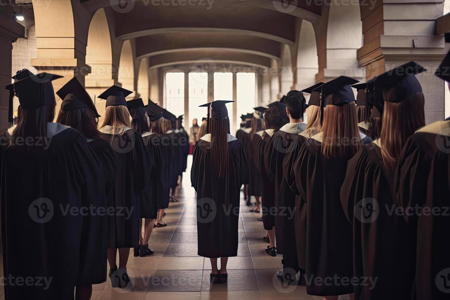 Back view of graduates in mortar boards and bachelor gowns on graduation ceremony at the university. Successful graduation from college or high school. Created with photo