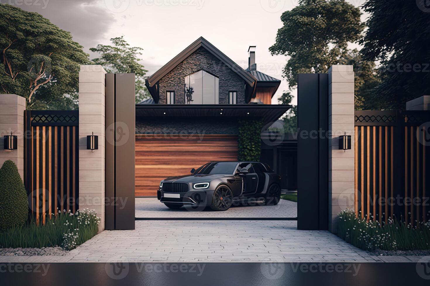 Modern luxury house exterior. Main entrance with automatic gates. Created with photo