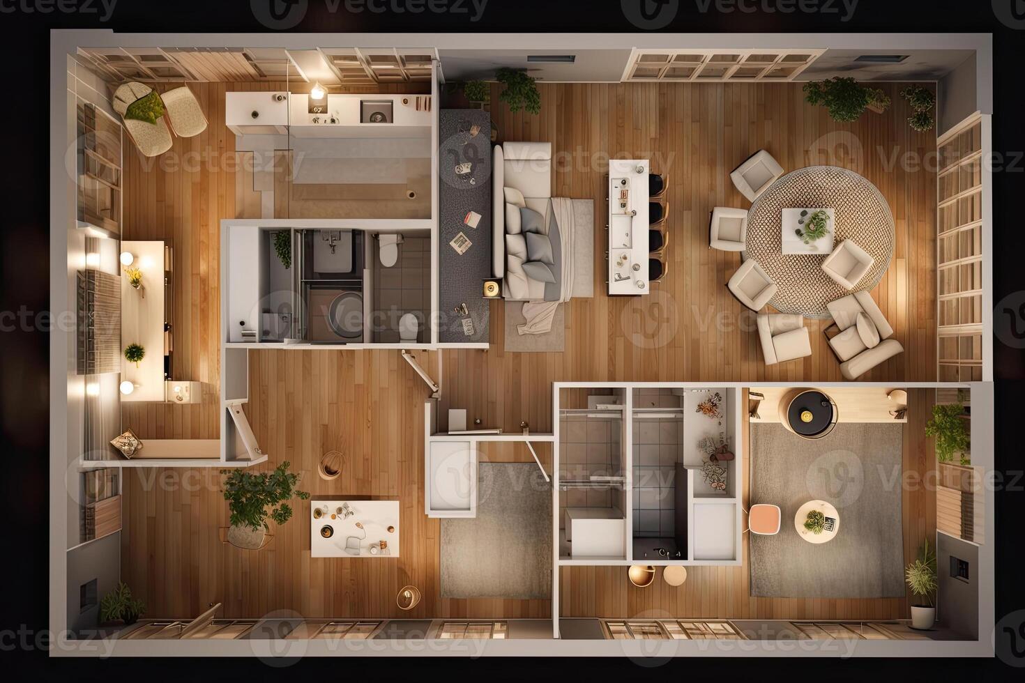 Apartment visualization, design project. Architectural plan for renovation. Living room interior, top view. Created with photo