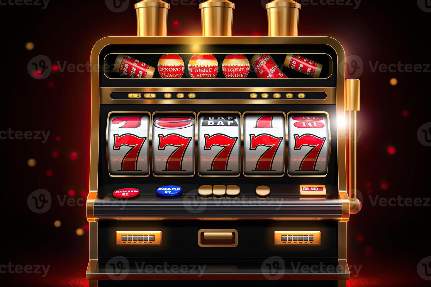 Casino slot machine with winning combination. Gambling addiction. Casino games concept. Lucky one handed bandit. Created with photo