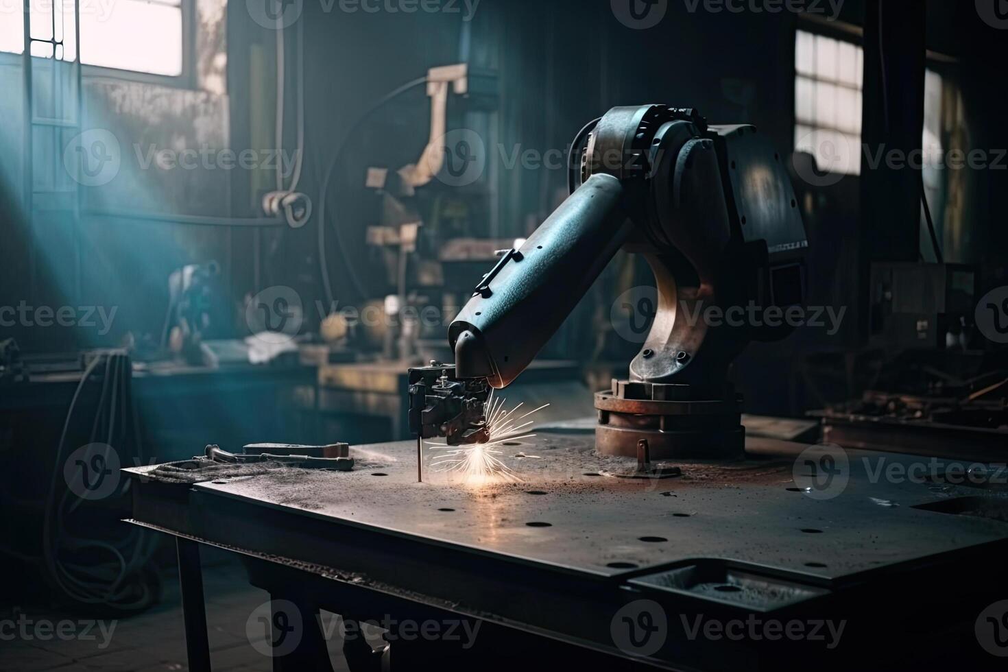 Robotic arm works on welding. Conveyor line at factory. Automatic welding. Created with photo