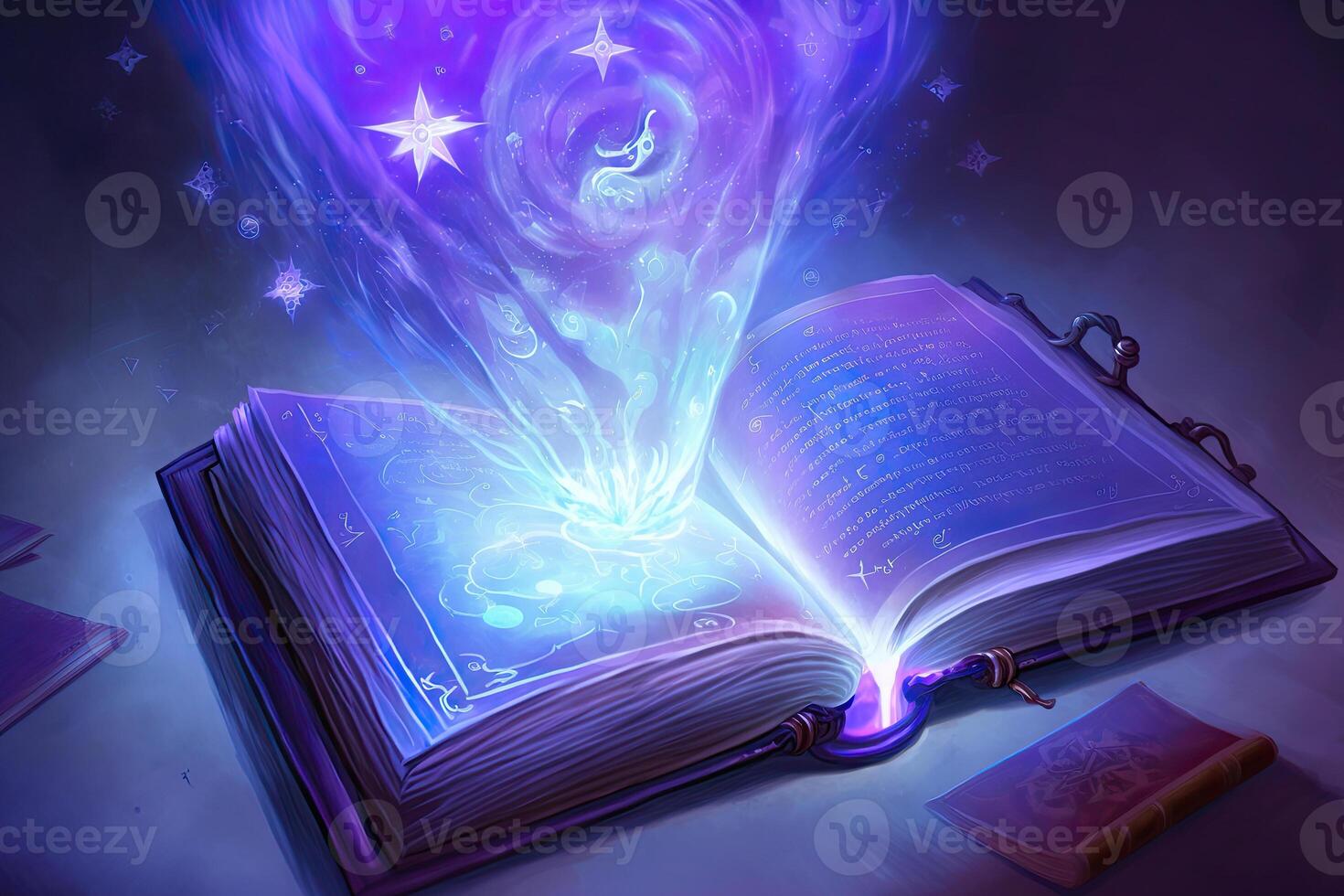 Open magical book with glowing lights over pages on abstract background. Fantasy reading. Created with photo