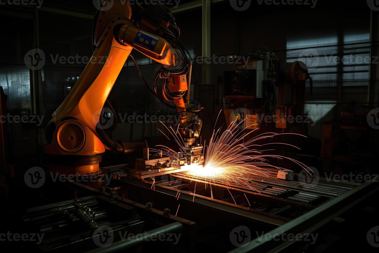 Robotic arm works on welding. Conveyor line at factory. Automatic welding. Created with photo
