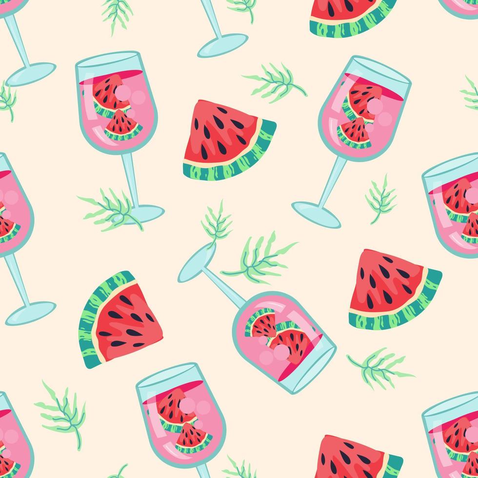 Summer seamless pattern design with watermelon and fruit cocktail. Fruit repeatable pattern and endless texture for printing, flat vector illustration.