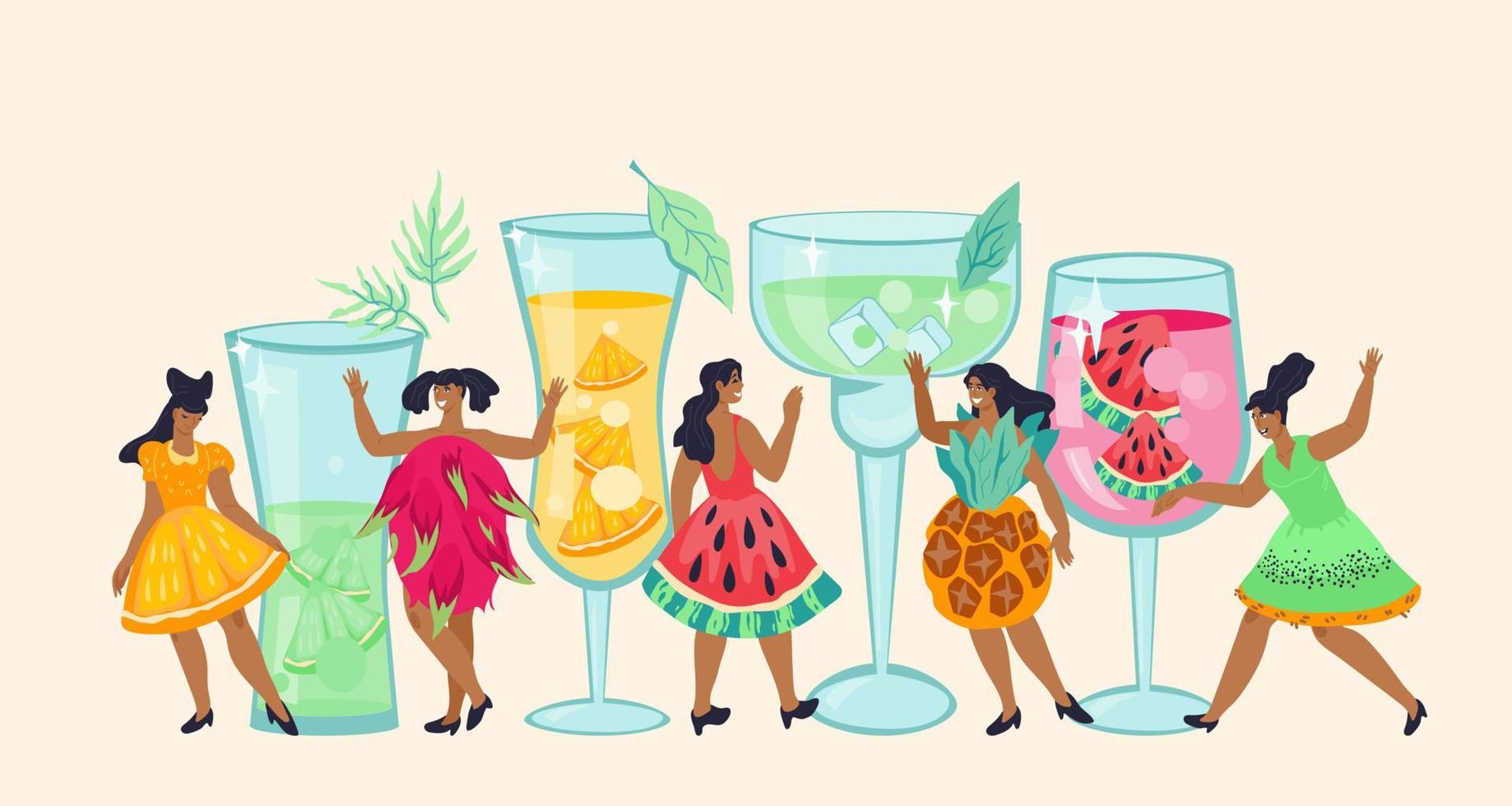 Web banner for cocktail summer party and cocktails bar with attractive women among fruit beverages. Flat vector illustration for summer party invitation.