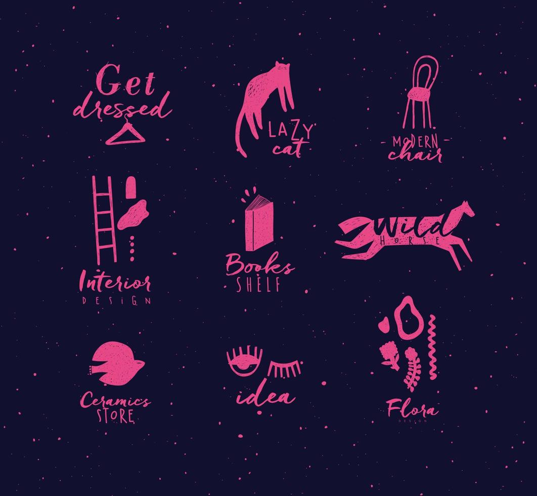 Crosshatch pen line style modern symbols drawing in pink color on dark background vector