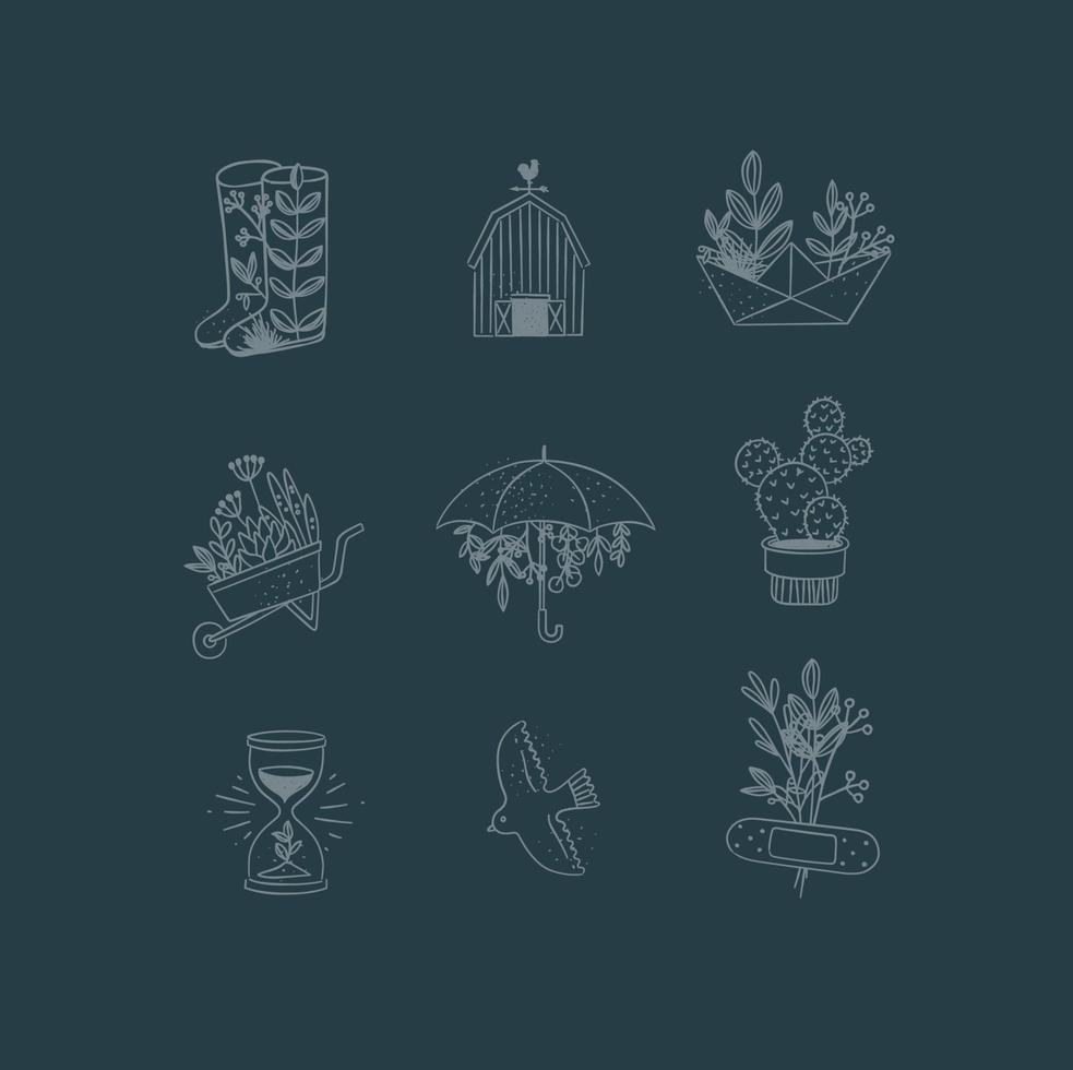 Set of floral garden icons in hand made line style boots, barn, origami, garden cart, umbrella, cactus, hourglass, bird, plaster drawing on dark blue background vector