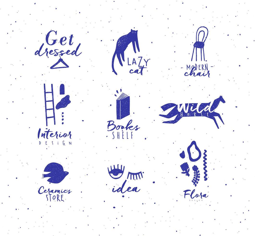 Crosshatch pen line style modern symbols drawing in blue color on white background vector