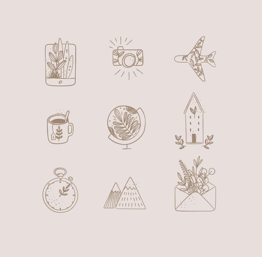 Set of travel nature icons in hand made line style tablet, camera, plane, tea cup, globe, house building, clock, mountains, envelope drawing on beige background vector