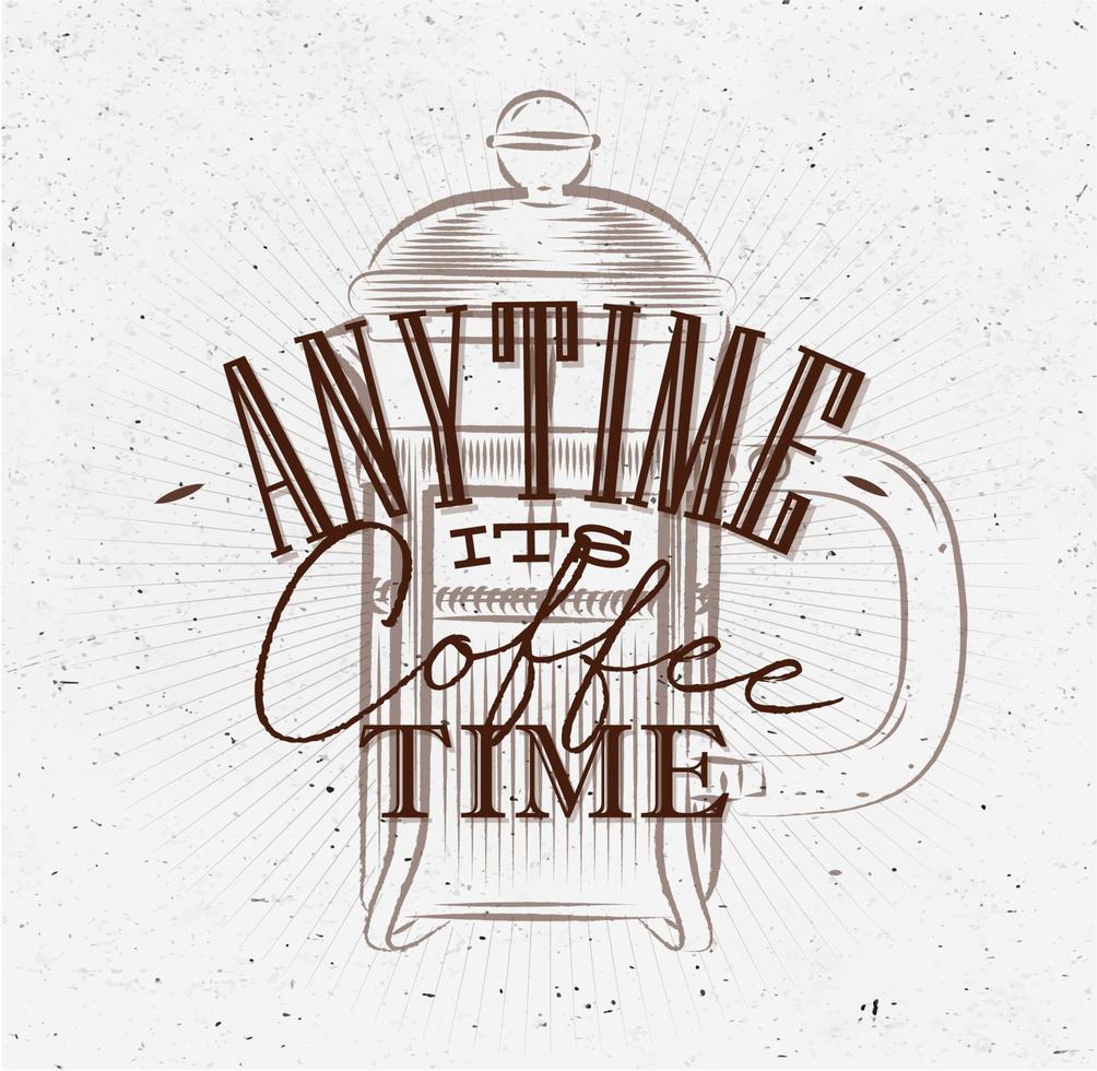 Poster coffee lettering any time its coffee time in vintage style drawing with brown on dirty paper background vector