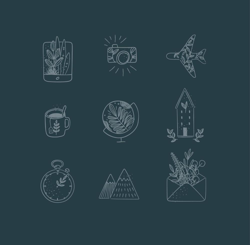 Set of travel nature icons in hand made line style tablet, camera, plane, tea cup, globe, house building, clock, mountains, envelope drawing on dark blue background vector