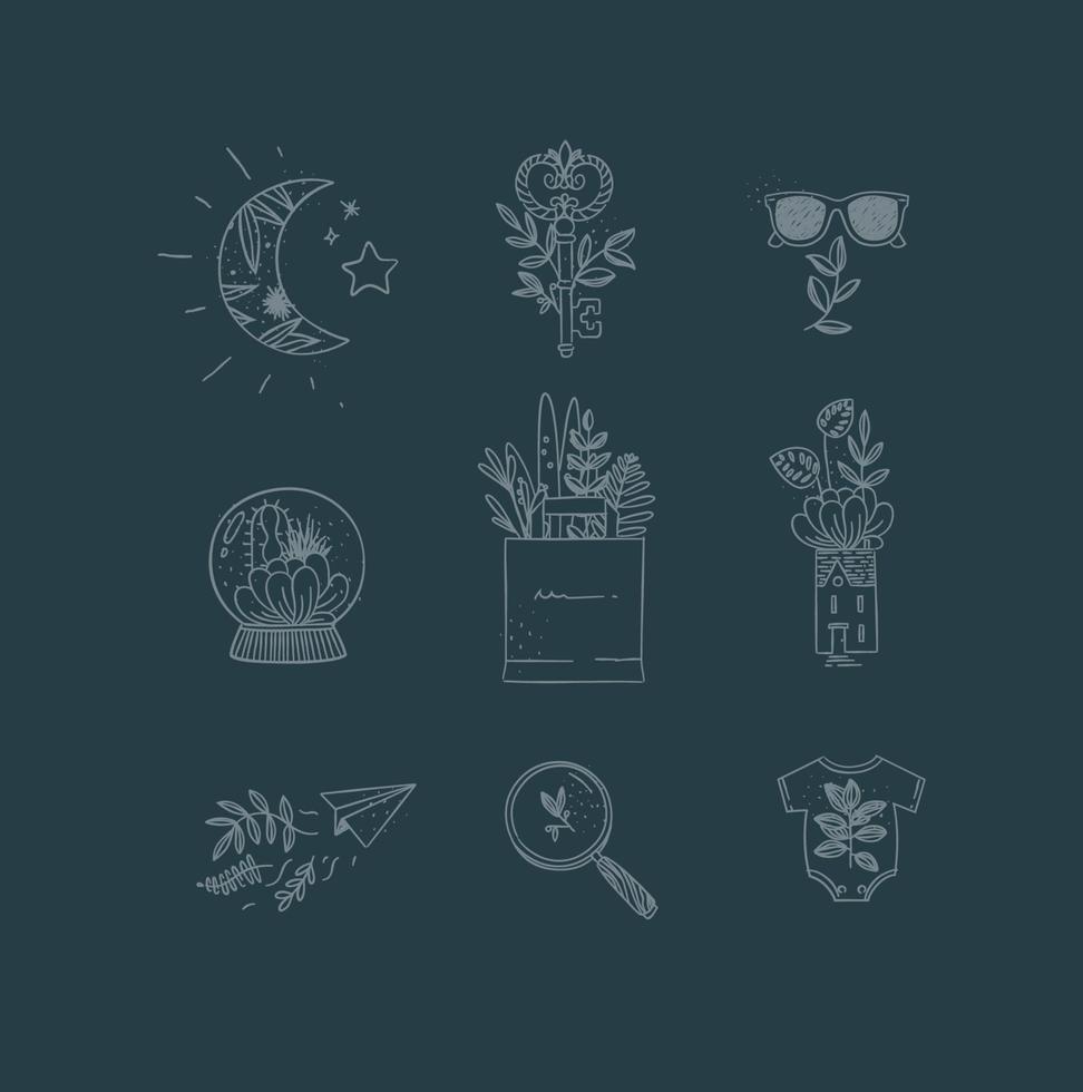 Set of nature icons in hand made line style moon, key, glasses, glass ball, grocery bag, house, paper plane, magnifier, baby clothes drawing on dark blue background vector