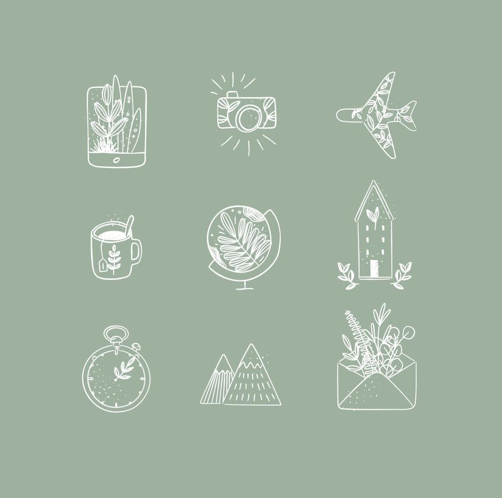 Set of travel nature icons in hand made line style tablet, camera, plane, tea cup, globe, house building, clock, mountains, envelope drawing on green background vector