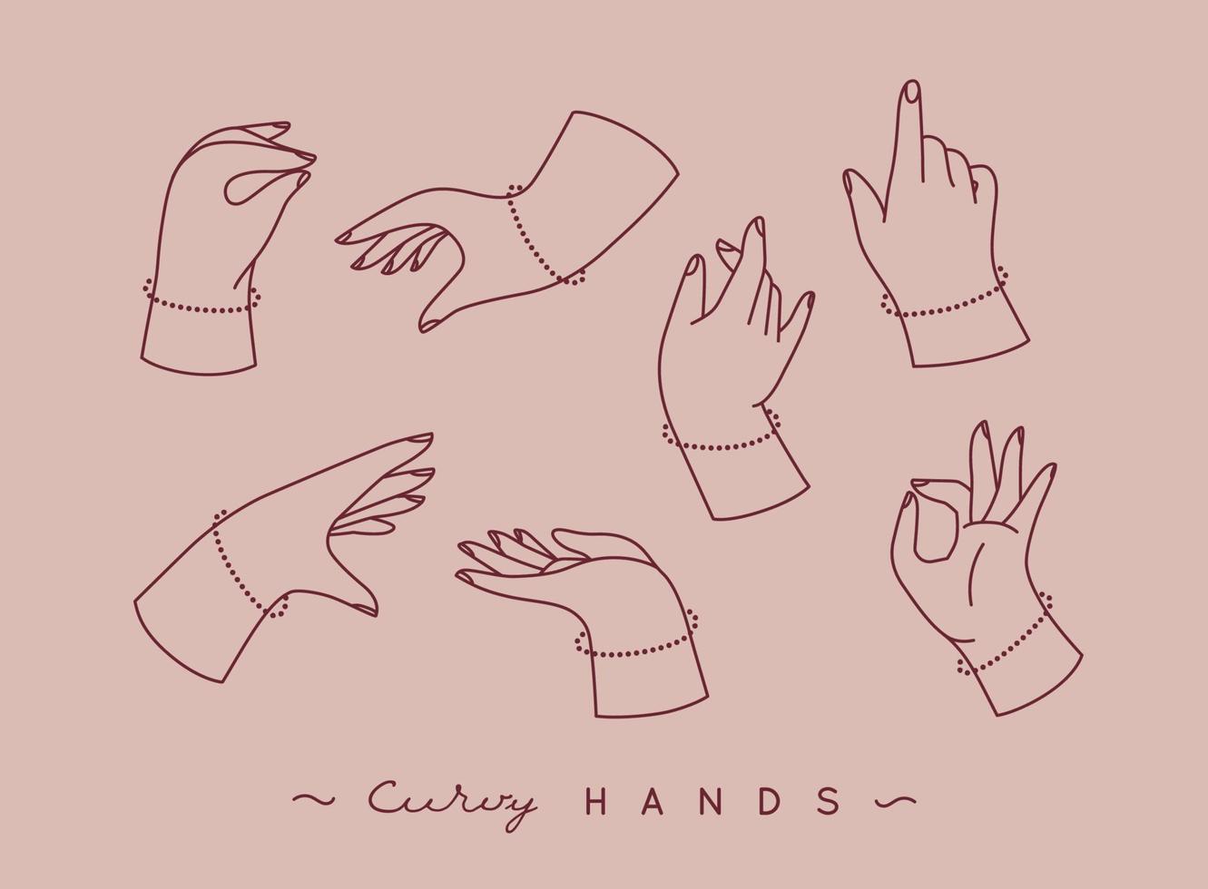 Set of curvy hands with fingers icons in different positions drawing on peach background vector