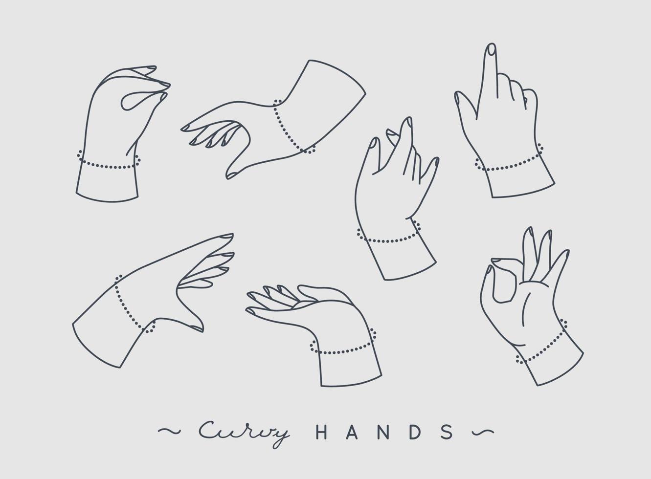 Set of curvy hands with fingers icons in different positions drawing on grey background vector