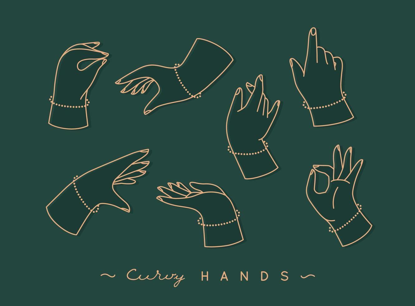 Set of curvy hands with fingers icons in different positions drawing with emerald color on green background vector