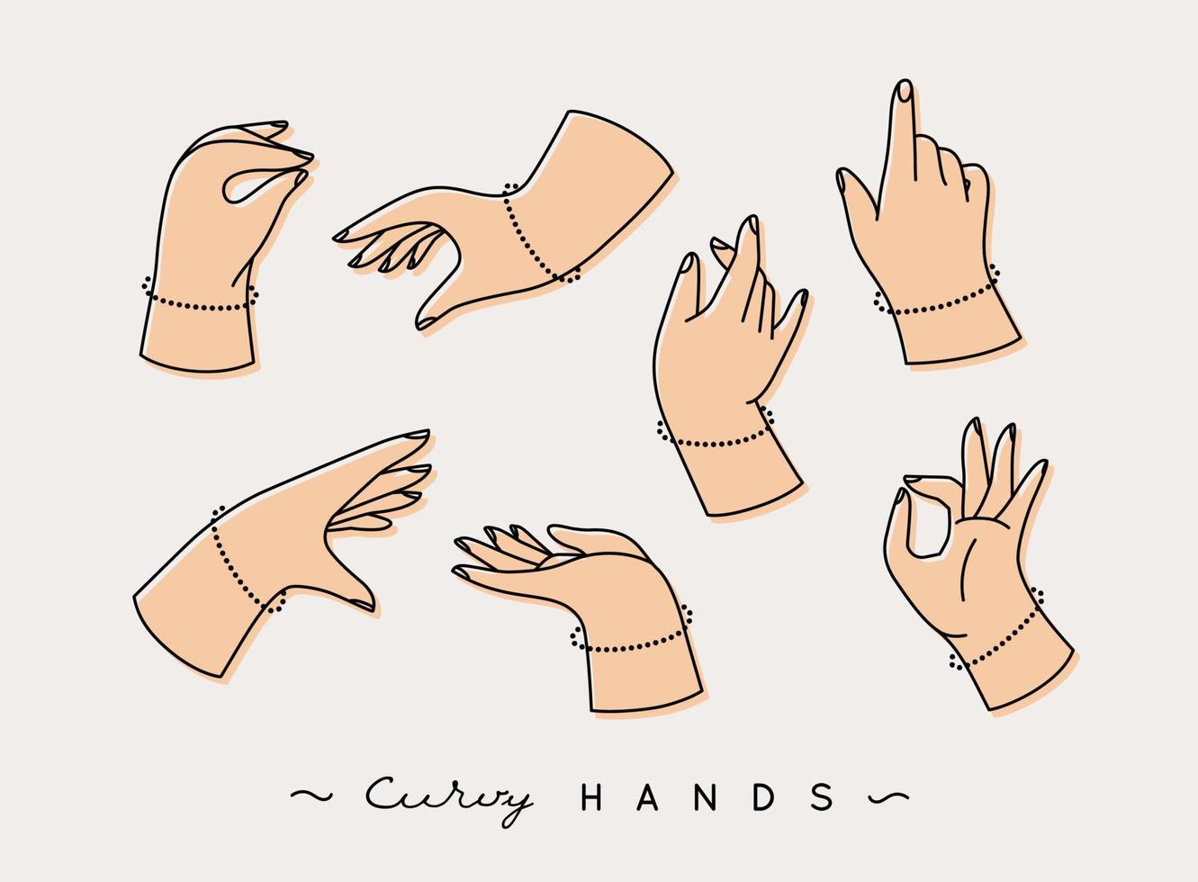 Set of curvy hands with fingers icons in different positions drawing with beige color on grey background vector