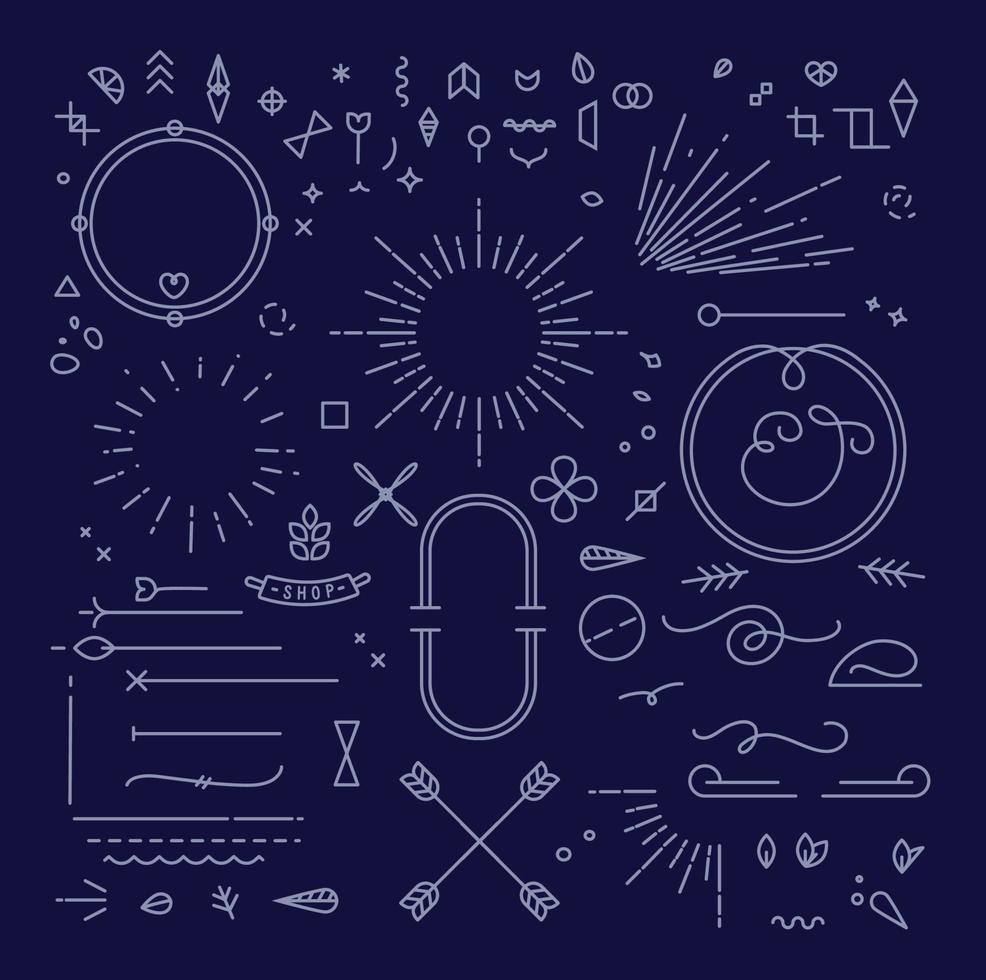 Flat design elements in vintage style drawing with gray lines on blue background vector