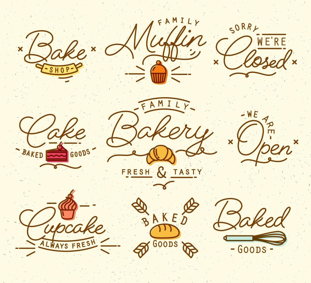 Flat bakery symbols in vintage style drawing with brown lines on beige background vector