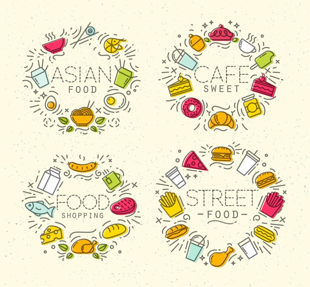 comida plano monograma en retro estilo dibujo con marrón líneas en beige antecedentes vector
