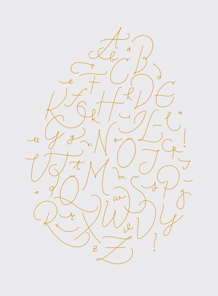 Alphabet in calligraphic pen line style drawing with gold color on white background vector