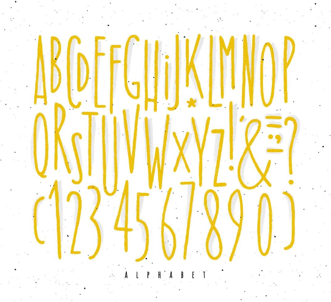 Alphabet set straight lines font in vintage style drawing with yellow lines on white background vector
