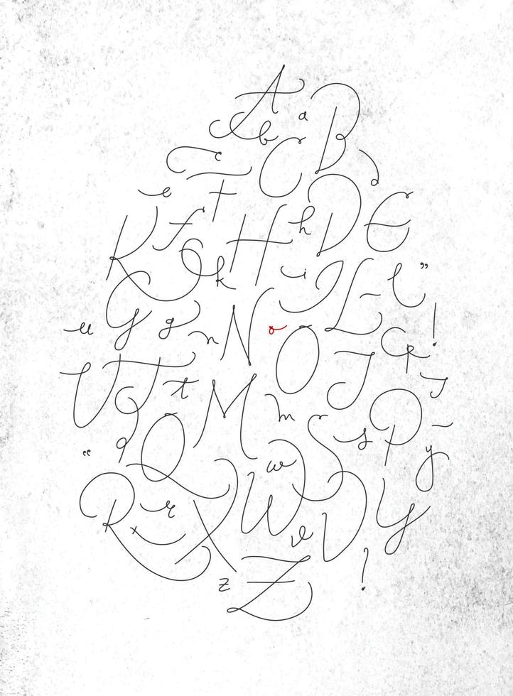 Alphabet in calligraphic pen line style drawing with black color on dirty paper background vector