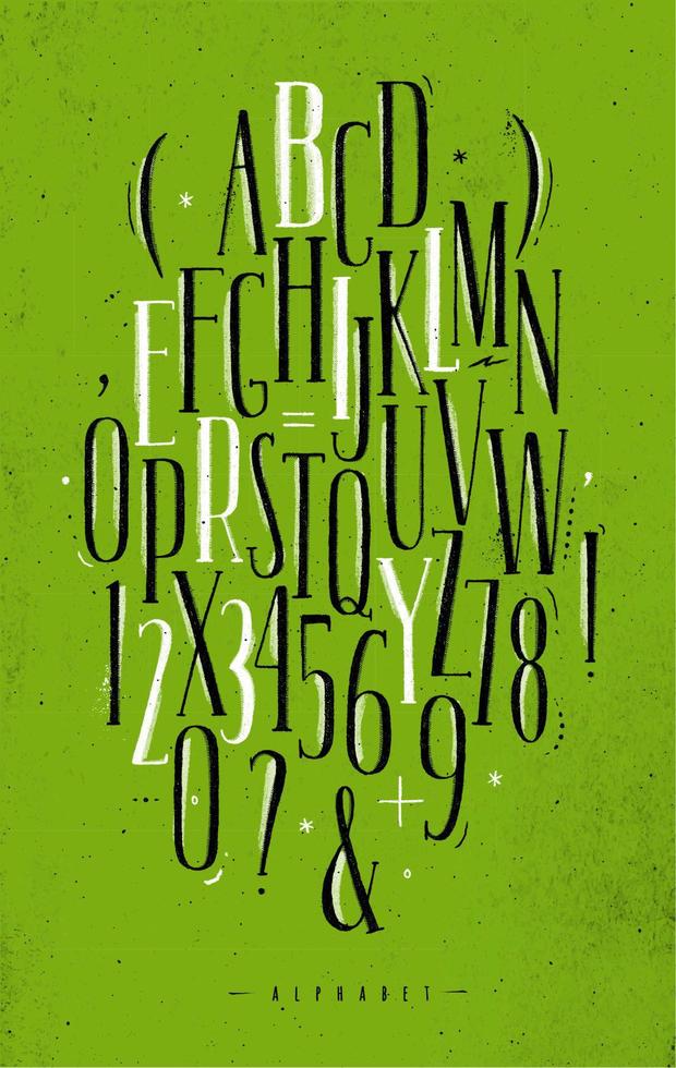 Alphabet set gothic font in vintage style drawing with black and white lines on dirty green background vector