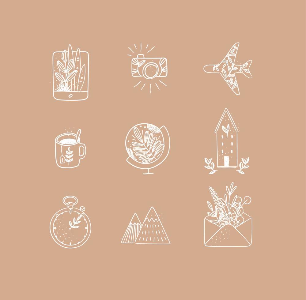 Set of travel nature icons in hand made line style tablet, camera, plane, tea cup, globe, house building, clock, mountains, envelope drawing on peach background vector