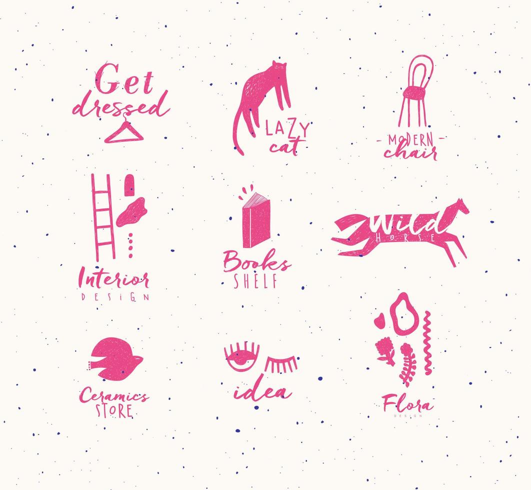 Crosshatch pen line style modern symbols drawing in pink color on beige background vector