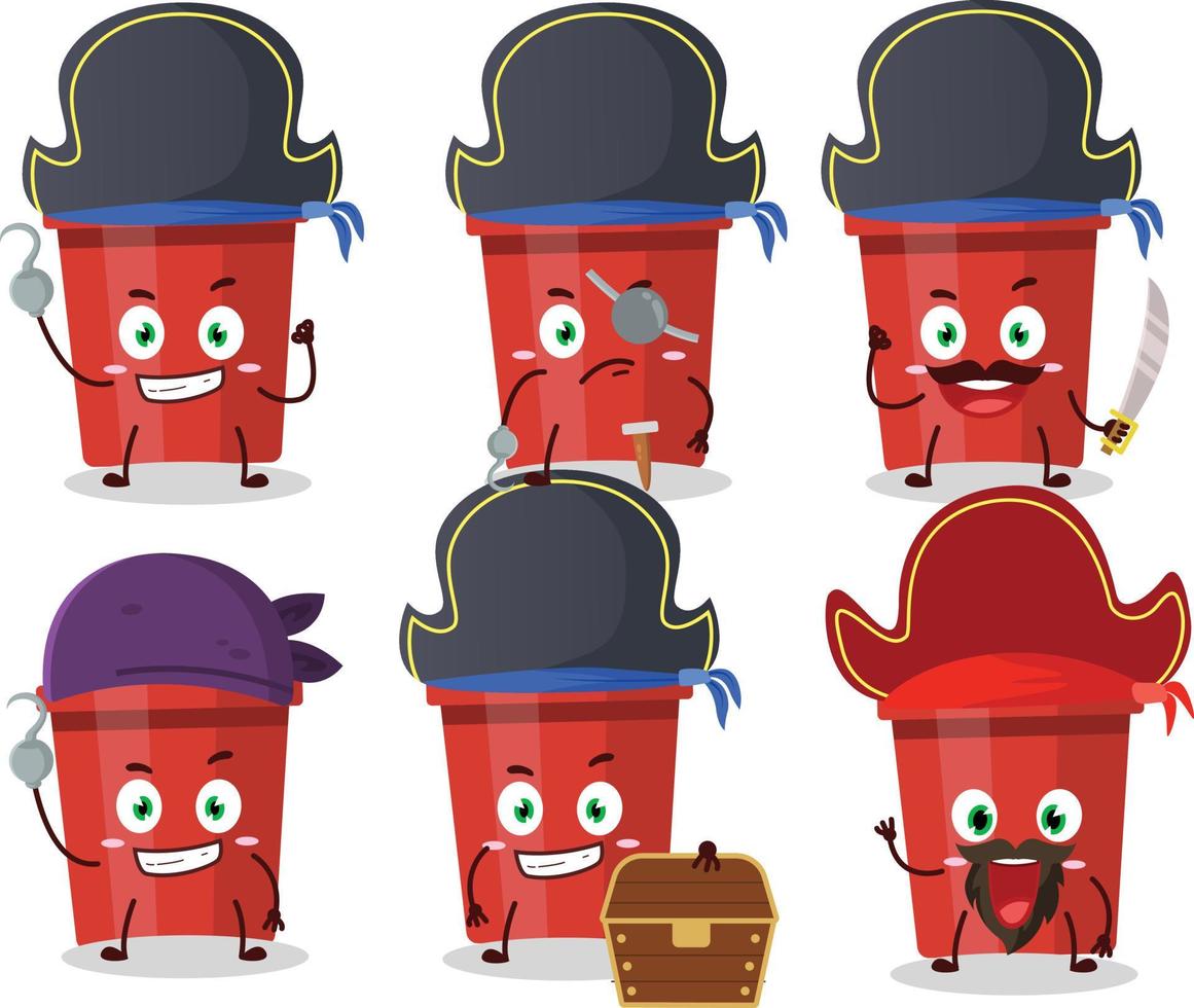 dibujos animados personaje de arena Cubeta con varios piratas emoticones vector