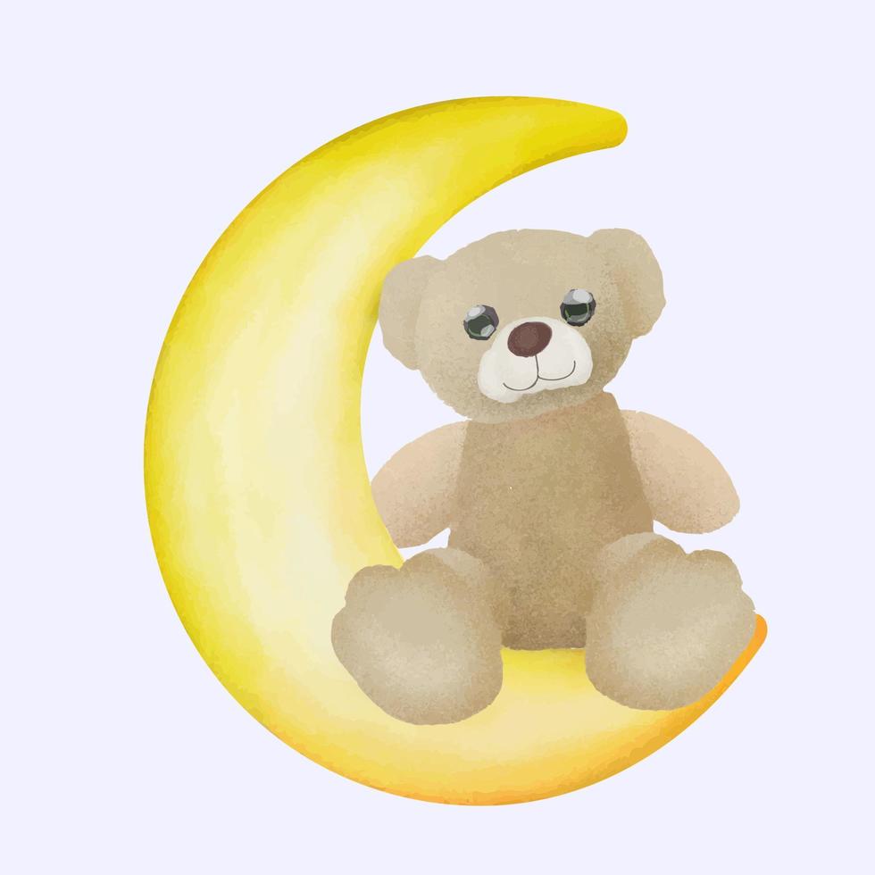 Cute teddy bear on the Crescent moon animal watercolor illustration. vector