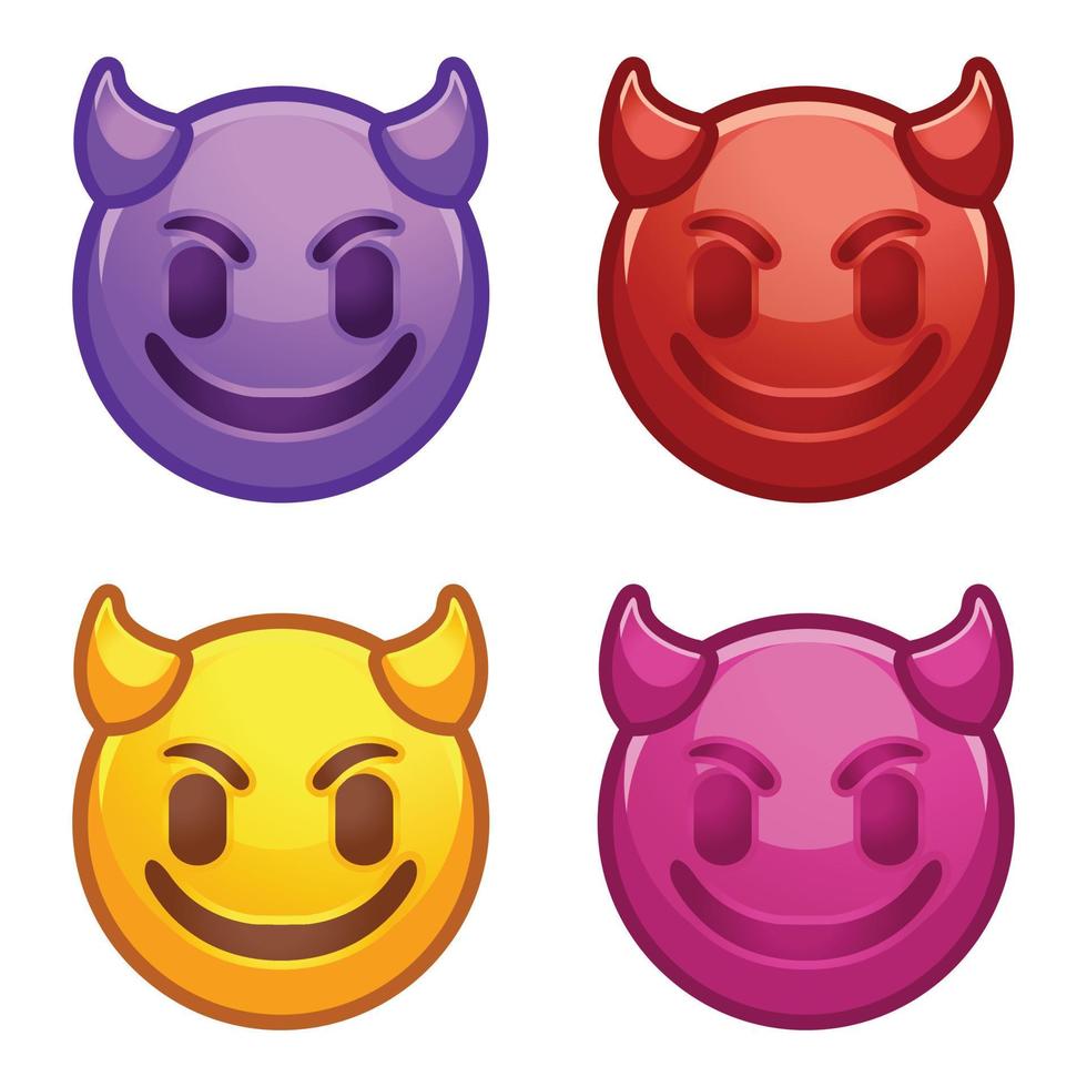 Evil devil emoji. Happy purple emoticon with devil horns, gloating demon cartoon stylized vector collection set icon