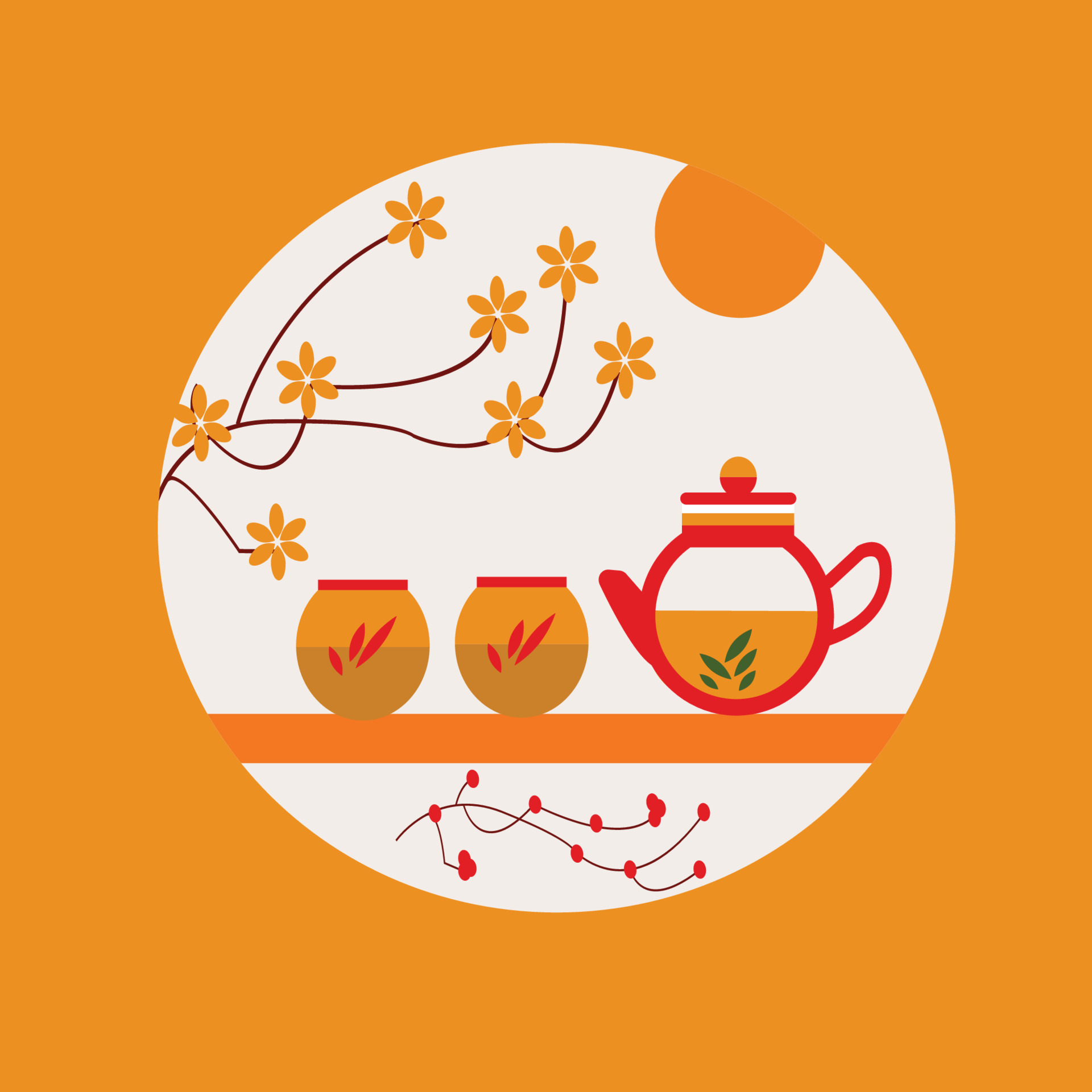 Red and yellow chinese teapots and cups of tea 21721469 Vector Art at