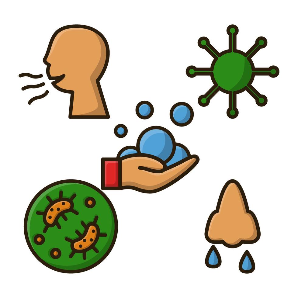 Lavado manos. frío tos y enfermedad. microbio germen virus y bacterias lleno contorno icono diseño vector