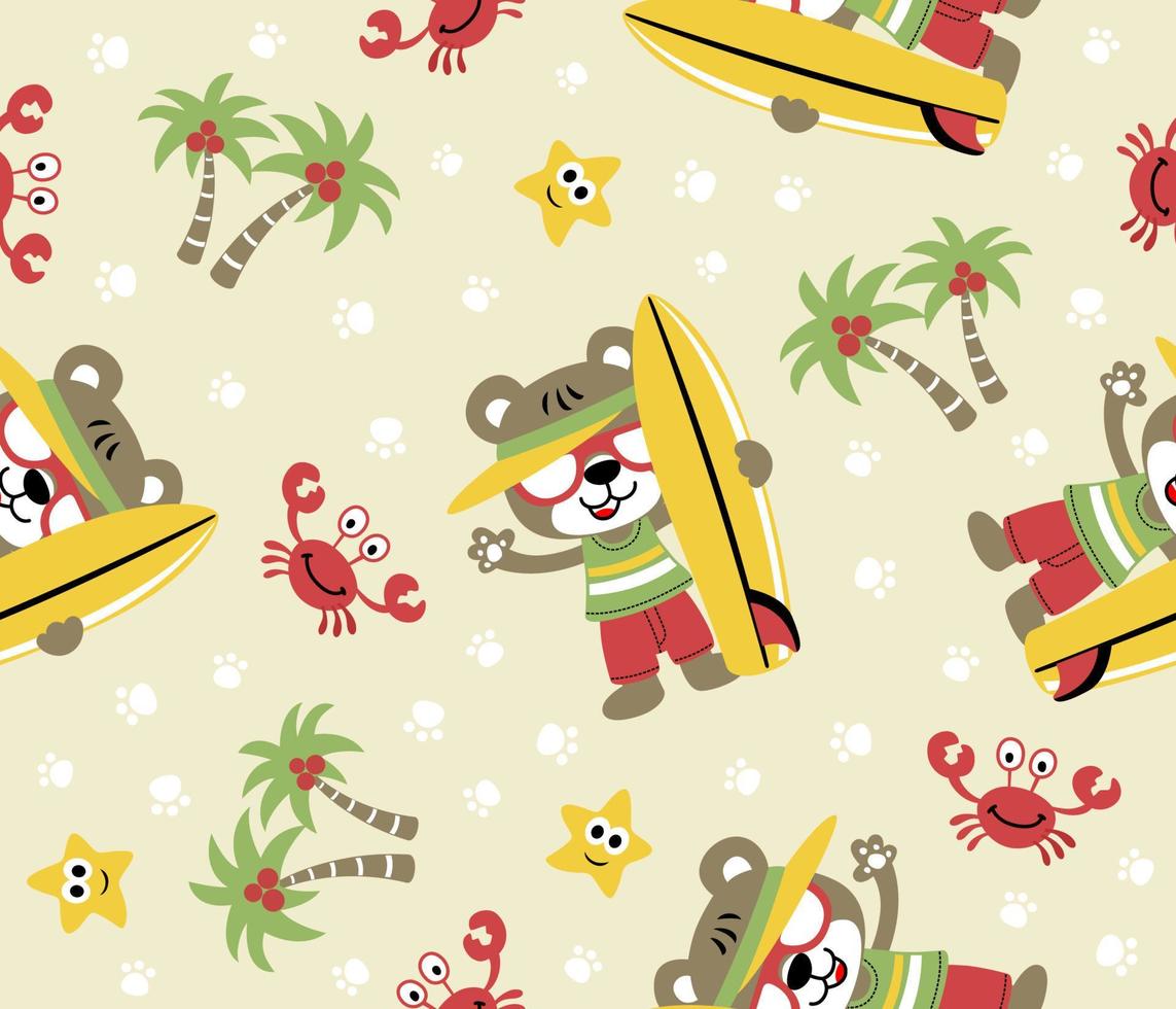 seamless pattern vector of cute bear the surfer with beach vacation elements