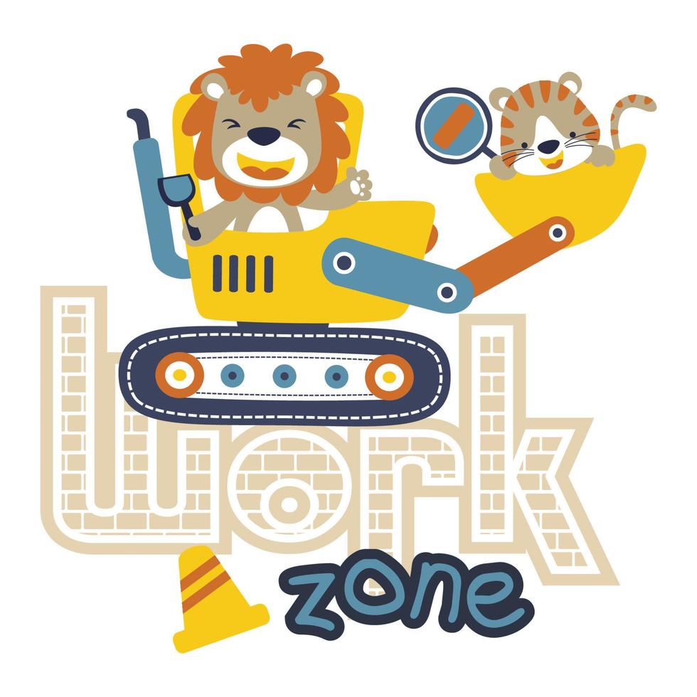 vector cartoon of funny lion with tiger on construction vehicle