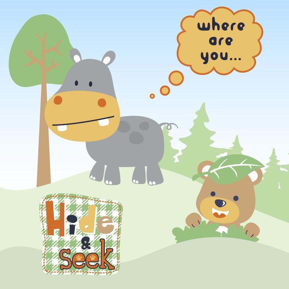 Funny cartoon of hippo and bear playing hide and seek in jungle vector
