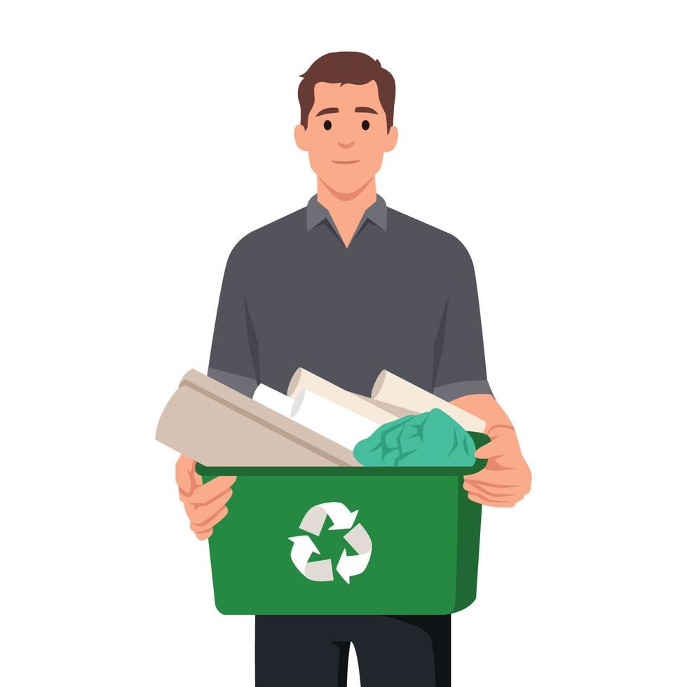 Man holding recyclables. Public service advertising poster concept vector