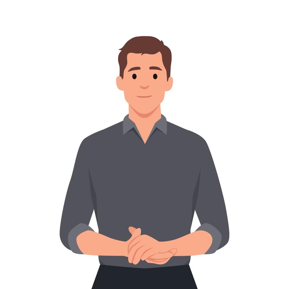 Young man standing with holding his hands in front of his stomach. Smiling man vector