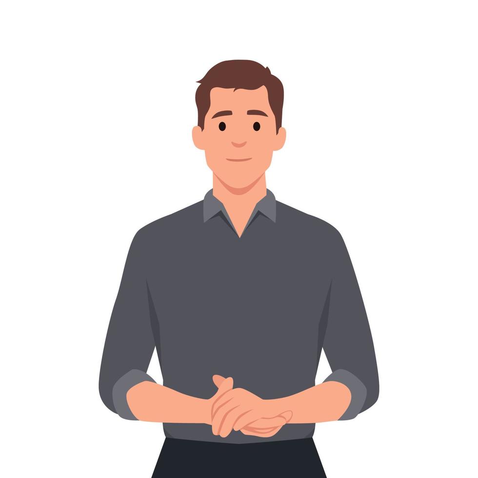 Young man standing with holding his hands in front of his stomach. Smiling man vector