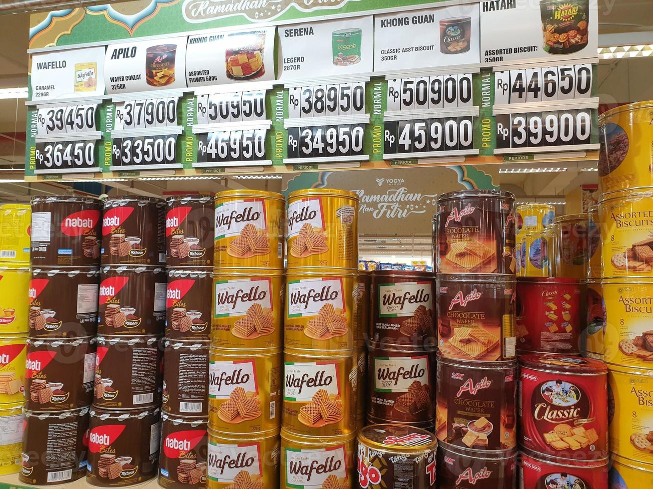 Tegal, March, 2023.Canned snacks with lots of stock for parcels at the mall in preparation for the month of Ramadan. photo