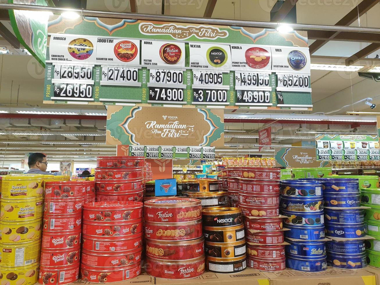 Tegal, March, 2023.Canned snacks with lots of stock for parcels at the mall in preparation for the month of Ramadan. photo