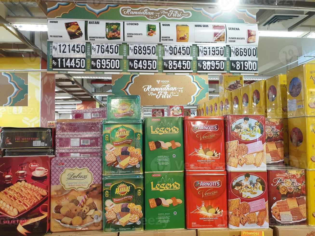 Tegal, March, 2023.Canned snacks with lots of stock for parcels at the mall in preparation for the month of Ramadan. photo