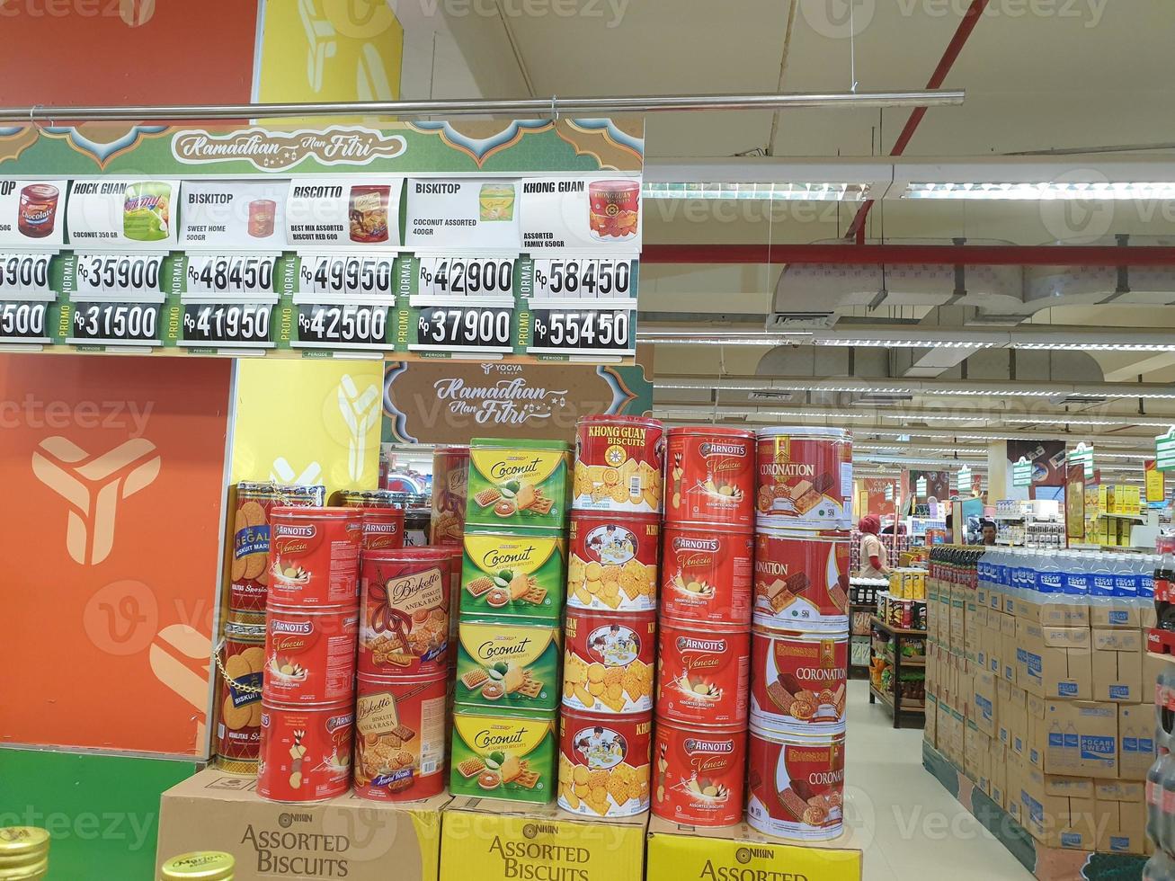 Tegal, March, 2023.Canned snacks with lots of stock for parcels at the mall in preparation for the month of Ramadan. photo