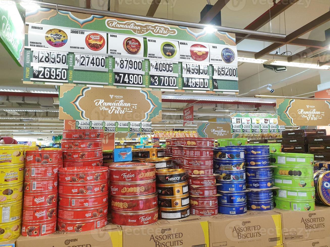 Tegal, March, 2023.Canned snacks with lots of stock for parcels at the mall in preparation for the month of Ramadan. photo