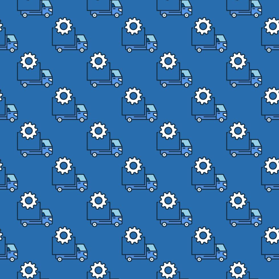 Cog Wheel and Delivery Truck vector blue seamless pattern